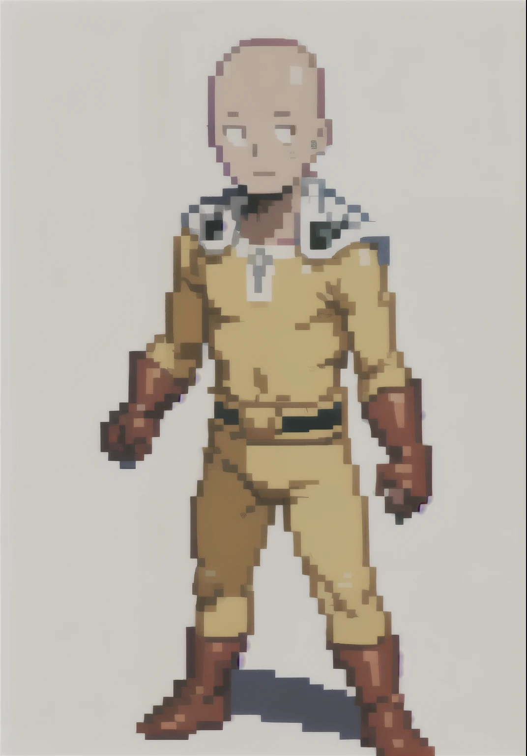pixai, hombre,sonrisa, Ojos cerrados,, traje amarillo con guantes rojos, Brillantina, white cape saitama hero style full body, pixel