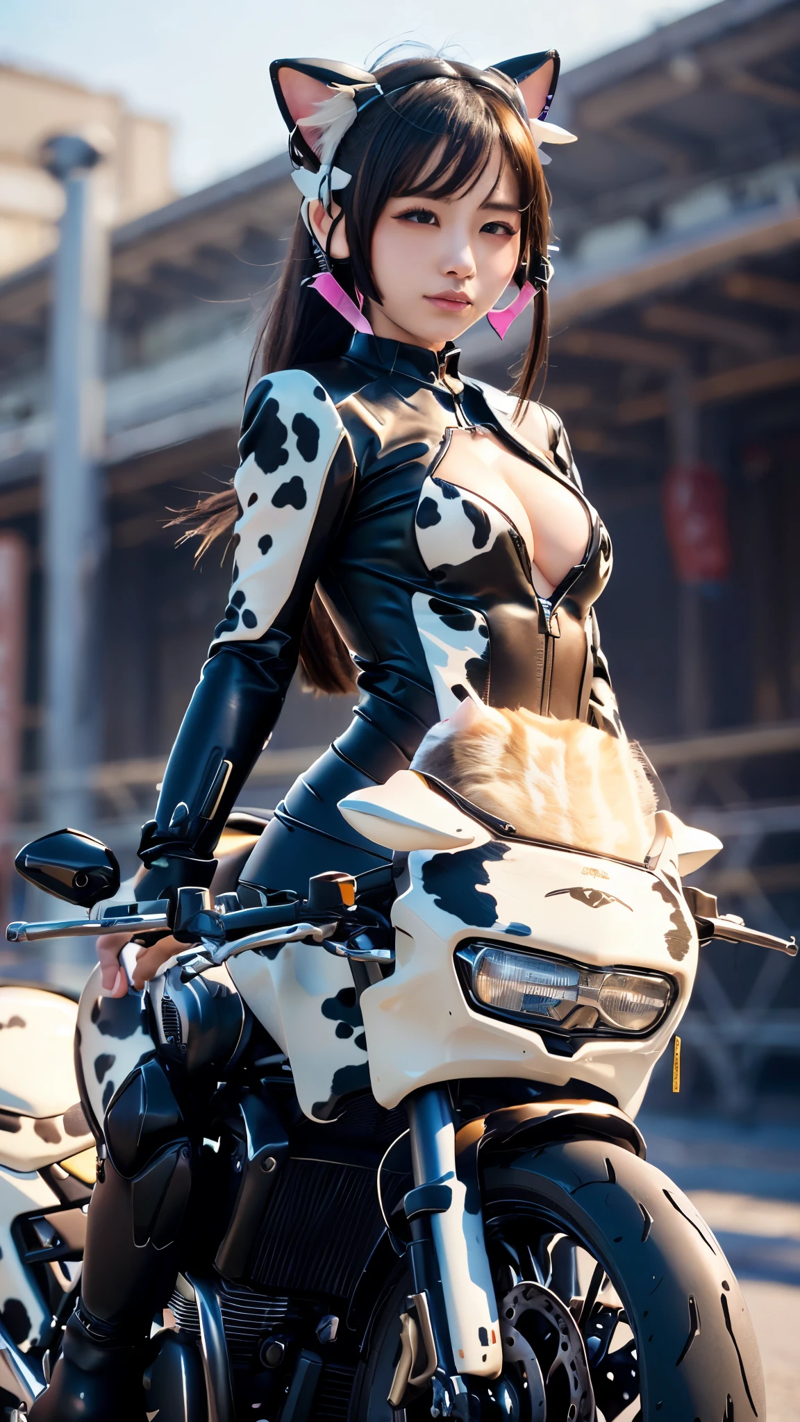 Masterpiece, 4k, bokeh, (Beautiful high school girl:1.4), (Japanese idle:1.6), (Cat ears:1.4), (Cow pattern rider suit:1.5), (Ride white and brack motorcycle:1.4), sunset seashore, cowboy shot