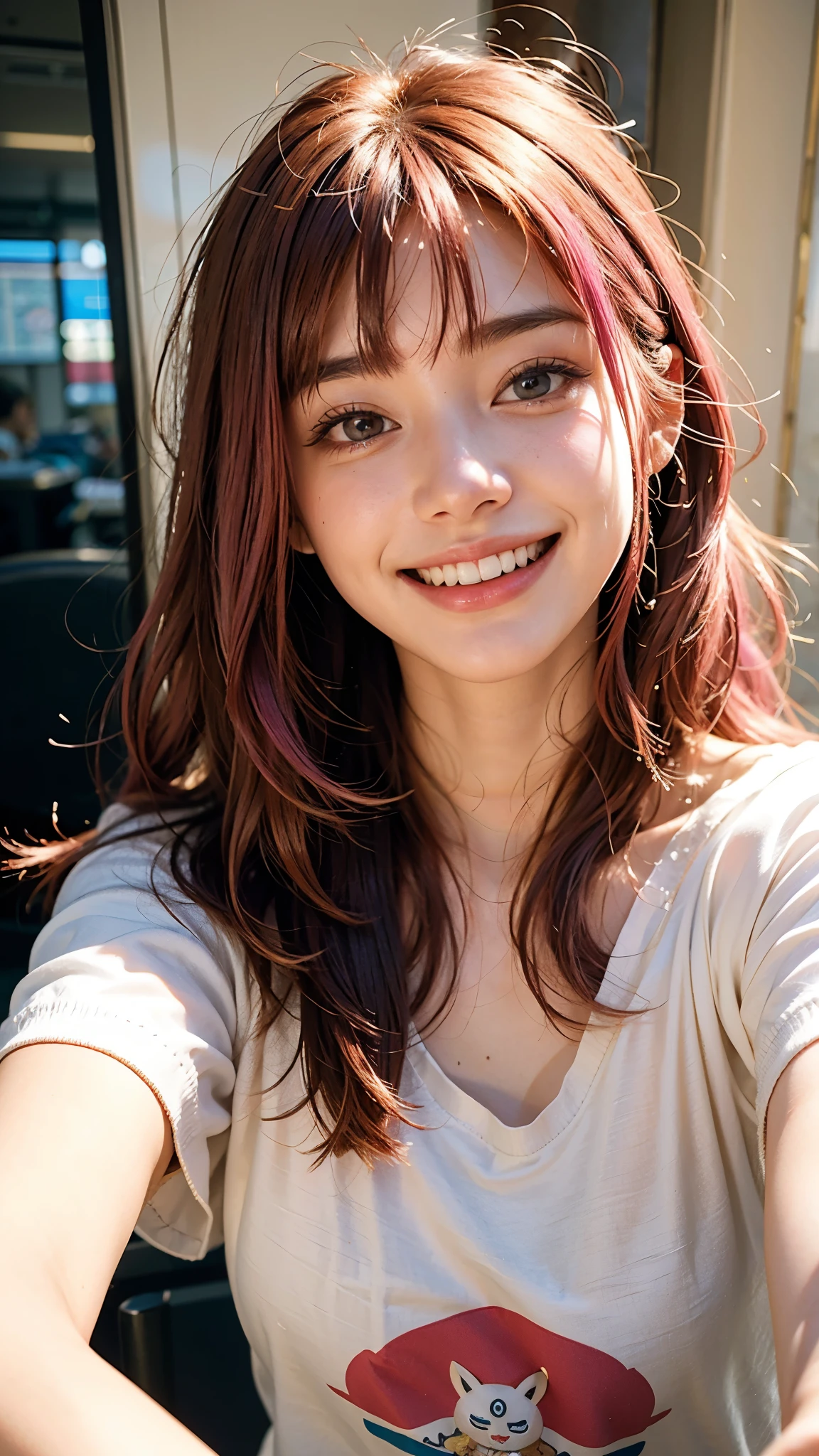 highest quality, masterpiece, Ultra-high resolution, (Realistic:1.4), (Close-up portrait) RAW Photos, 1 girl,20-year-old,((I'm showing my teeth and smiling)),((Big smile)),((Inside the Shinkansen)),((look up)),((Random cute poses)),,((Passionate pink haired girl )),((Pure white T-shirt)),Messy Hair,((Cap Chestnut)),((Short bangs)),Realistic,Image Media Chest)),