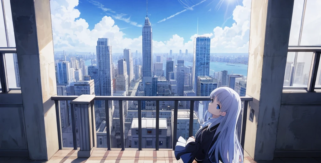 absurderes, hight resolution, (Anime style:1.1), ((masutepiece)), ((Best Quality)), (Ultra-detailed), (Beautiful), solo, Beautiful face、(liftup)、Cute  looking at the view from the top of a skyscraper that is closer to the atmosphere,Wind,((Thin White colorful long hair)),, Blue Eyes,Lens Flare,Dramatic,Detailed Ancient City、Skirt fluttering in the wind、Clouds below looking down、(Don't look here:1.4)