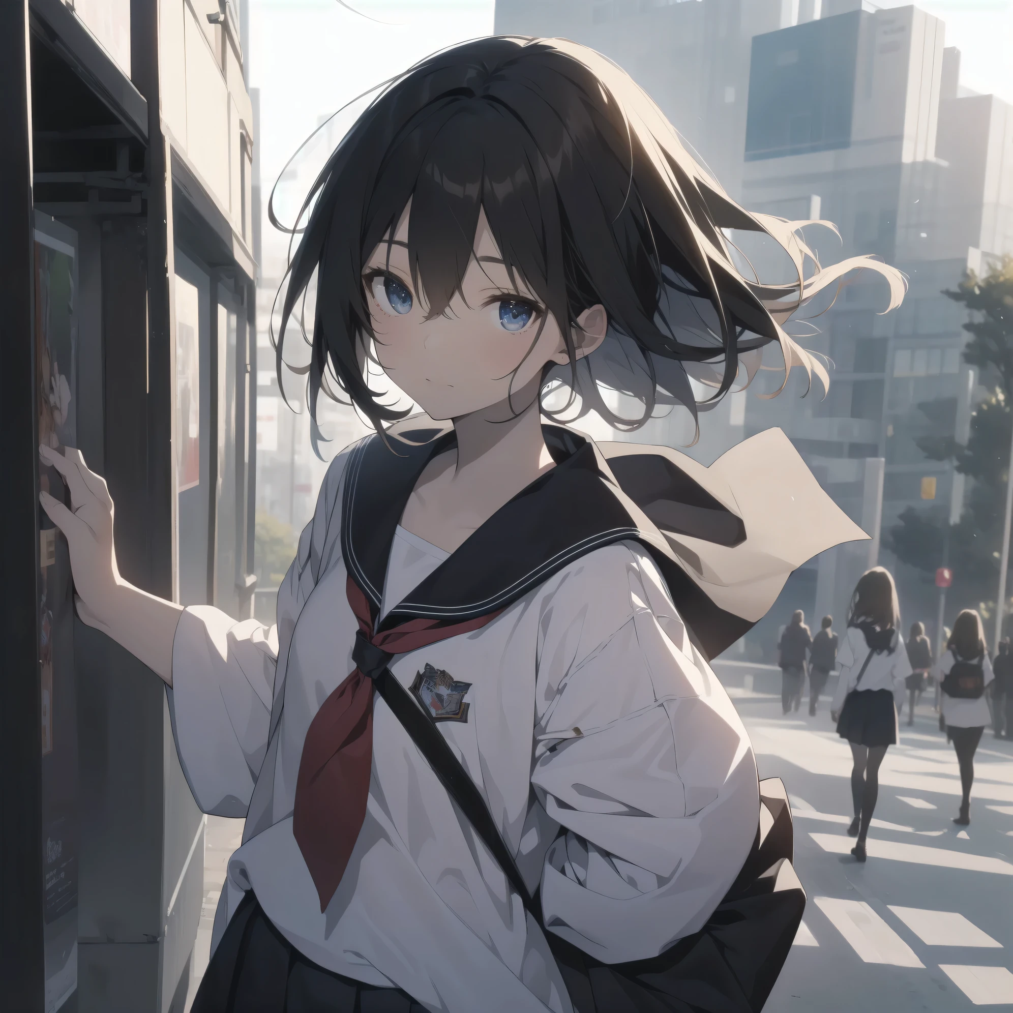ultra-absurdres-Top quality by artist God, ultra-detailed, high resolution, anime moe artstyle, best anime 8k konachan wallpaper, pixiv contest winner, pool:2810, perfect anatomy,break, 1girl, (Please draw a girl walking to school alone. )break,(Solo,little female, 13-year-old:1.3),Full limbs, complete fingers,a junior high school student, (very short hair), short cut, flat chest, , small butt, small black eyes, beautiful detailed eyes, well-proportioned iris and pupils, expressive eyes, highres detailed hair, soft expression, school_uniform, serahuku, neckerchief, short sleeves, pleated skirt,(Detailed Lighting), (Detailed background), in the School commute route. break,super detailed skin, Best cinematic lighting powered by famous artist, 8k,beauty illustration,photoshop_(medium),very aesthetic,break,((artist:dd_(ijigendd) )), artist:bolze ,artist:oyari ashito ,artist:kantoku ,