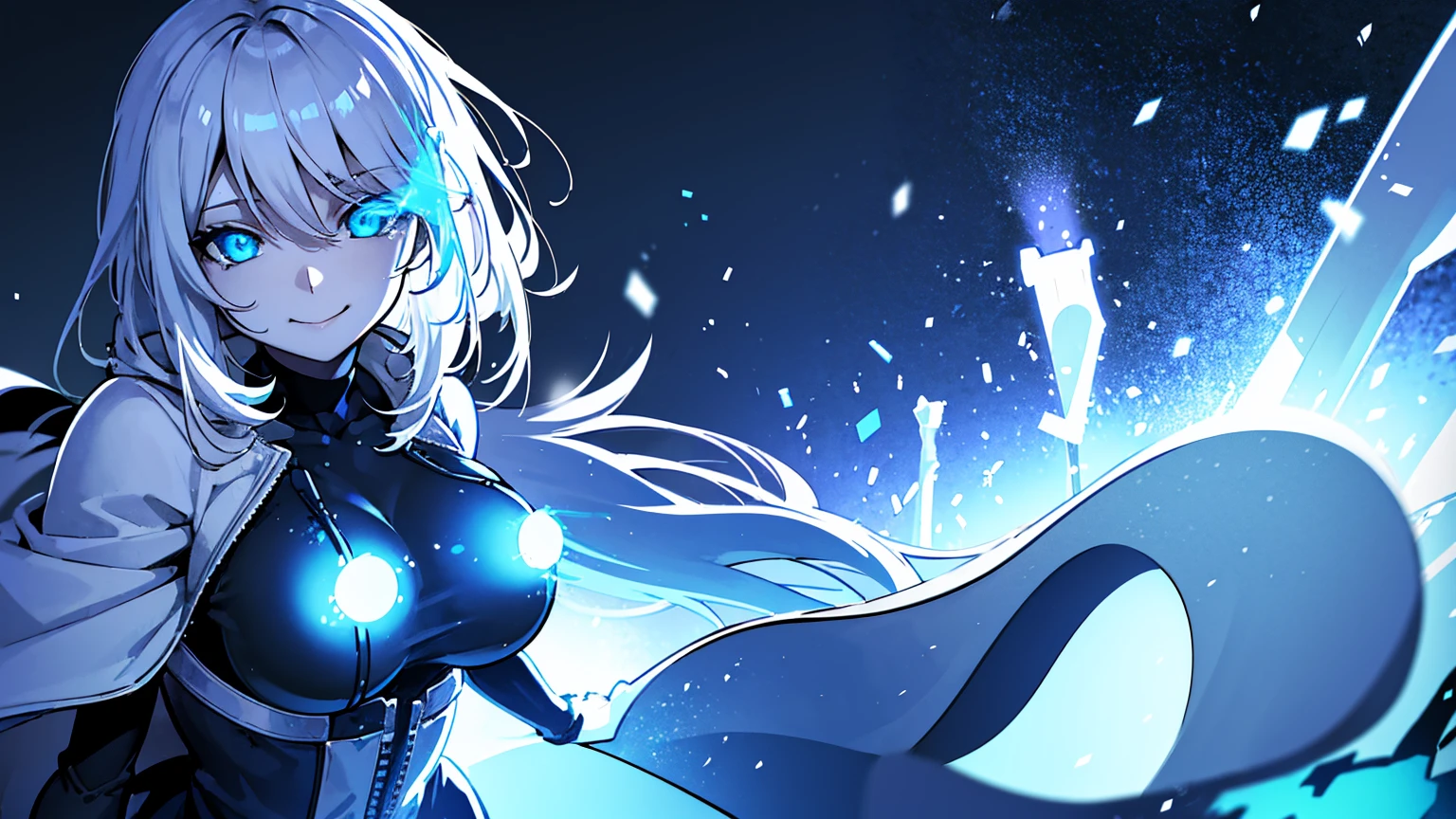 A girl with a Toby Fox Undertale Sans blue jacket, flaming eyes, a skull, a smile, long white hair, glowing, in a snowy town. The girl has a feminine and full figure with big breasts and a breast enlargement. The image should be of the best quality, 4k or 8k resolution, high resolution, and a masterpiece. The girl should be ultra-detailed and have a realistic, photorealistic appearance. The art style should be inspired by anime, with vibrant and vivid colors. The color tone should be cool and ethereal, with a touch of blue and white hues. The lighting should be soft and enchanting, illuminating the scene with a gentle glow.