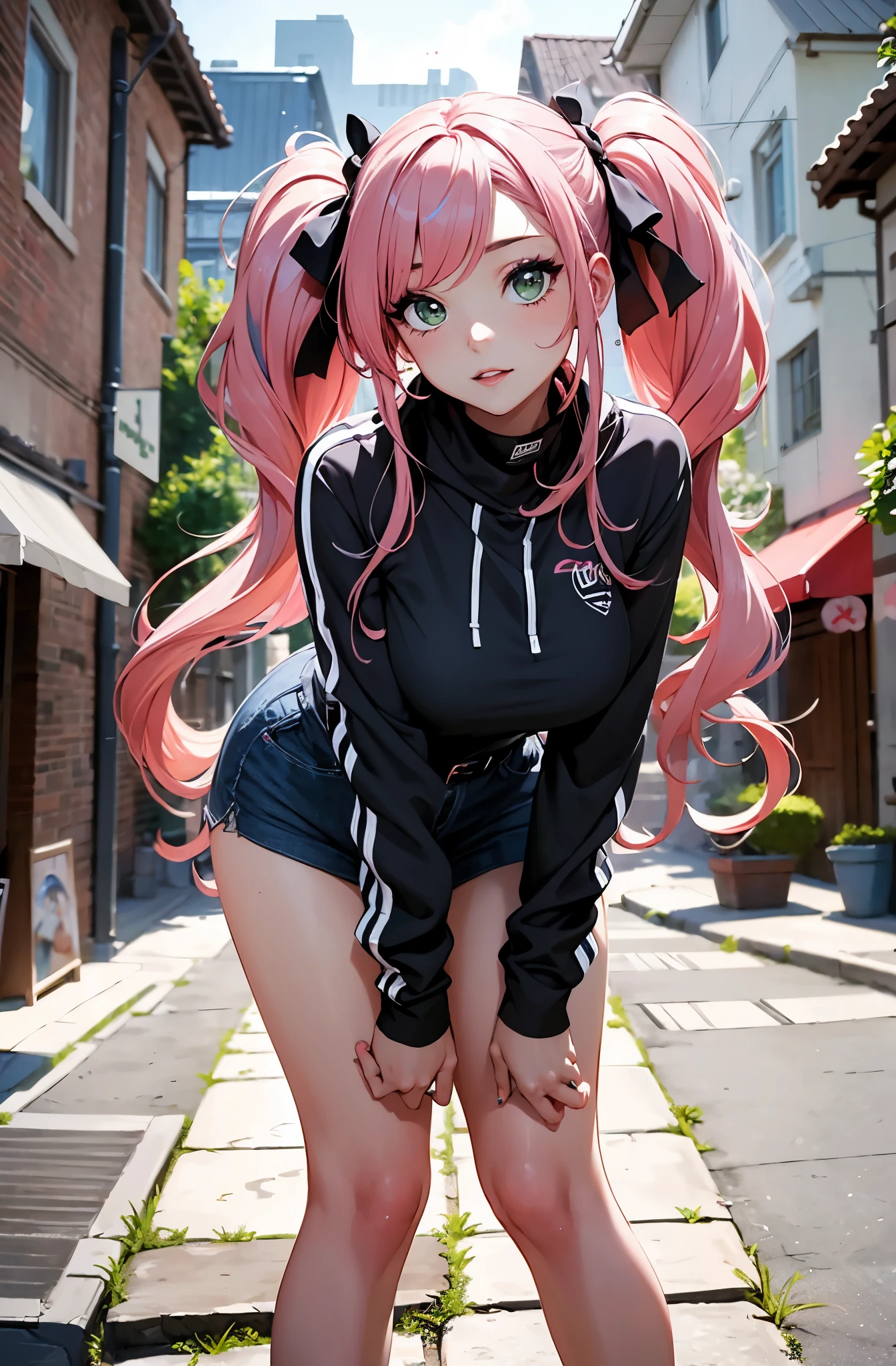 ((masterpiece)), (best quality), (detailed), 1girl, looking at viewer, (lipstick:0.75), leaning forward, long pink hair, twintails, colorful thighighs, summer, garden, grass green