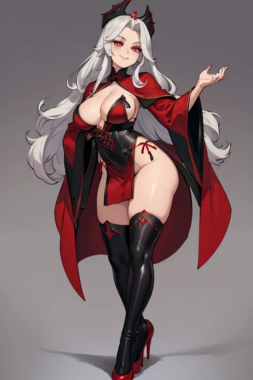 female, silver long hair with black highlights, red eyes, (((1girl))), (((red robe with black trim))), (black long sleeve shirt), (red long skirt), (black stockings), (red heels), (black panties), cute and sexy, full body, large breasts, large butt, long legs, smiling
