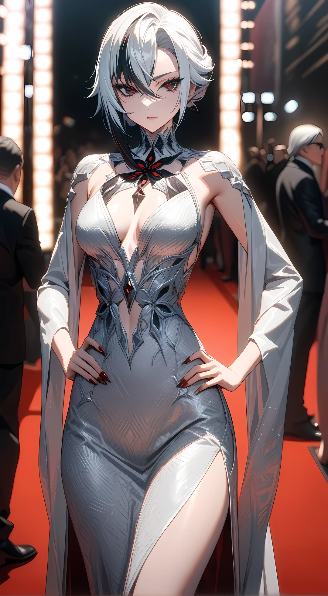 masterpiece, best quality, very aesthetic, absurdres,arlecchino, 1 woman, (beautiful detailed eyes:1.2),(elegant silver dress,unique design,intricate details,detailed texture),hands on hip,(cowboy body shot:1.3),soft glow,high resolution,ultra high resolution textures,looking at viewer,(film festival,red carpet), 