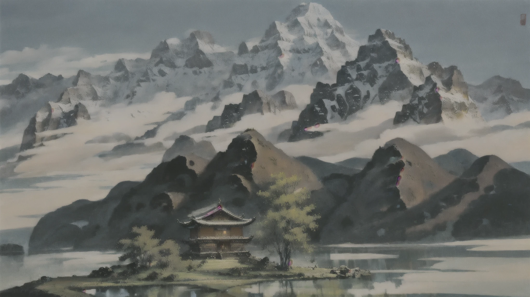 distance、wide、Mountains、Clear skies、abstract、Poetry History、bonfire、、temple、Ethereal、refraction、Chinese style、Fantastic、Sense of space、Depth of Field、deep mountain、Eternity、、Magnificent