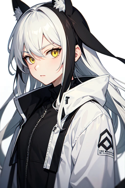 anime guy with half black and half white hair with dark yellow eyes