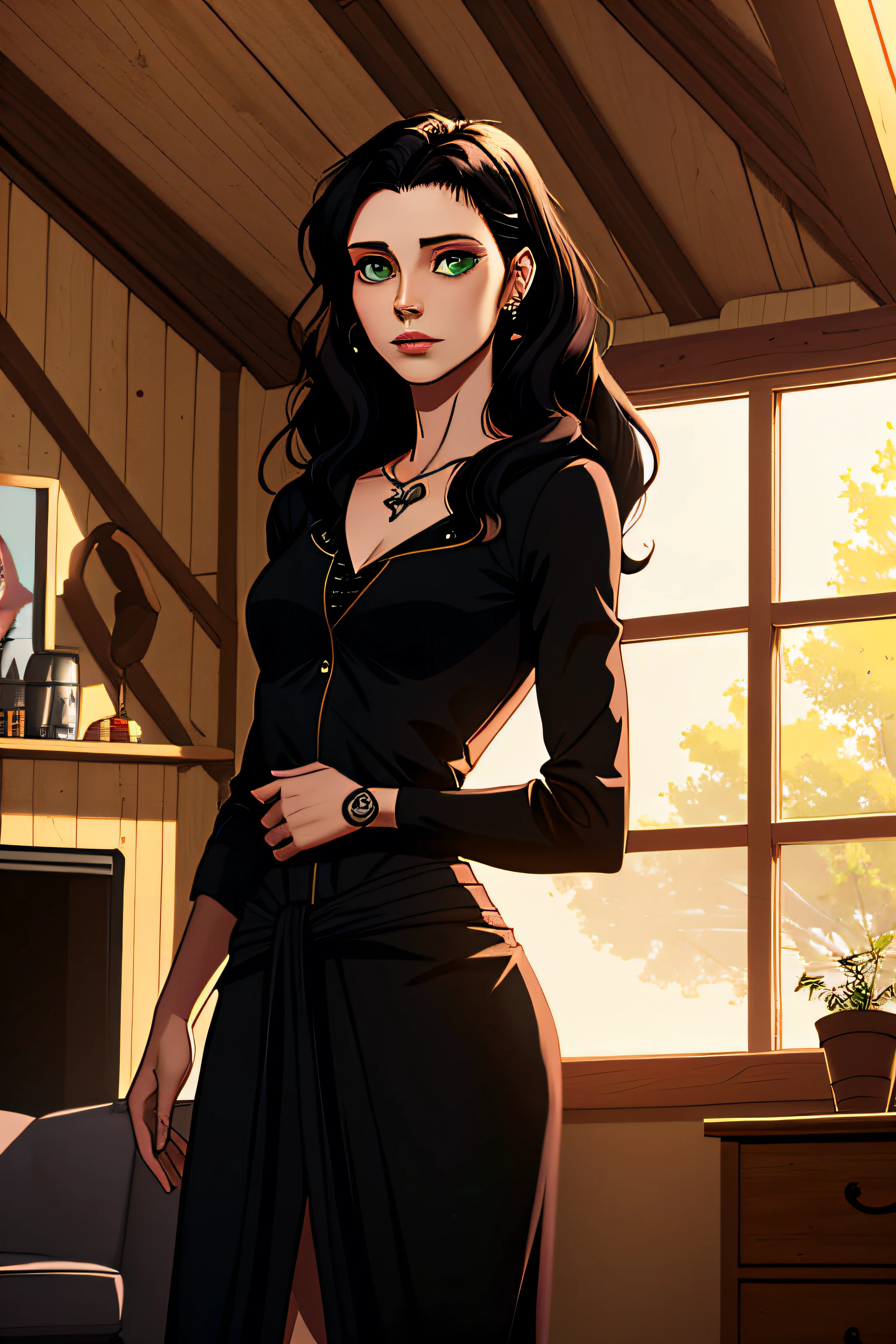 Morgana has small, greenish eyes, she is mulatto, tall, thin, with wavy black hair that reaches almost at the waist. Morgana lived with her eyes pierced at the small window in the attic.