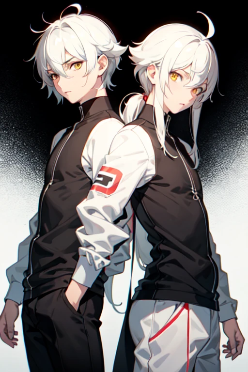 anime guy with half black and half white hair with dark yellow eyes