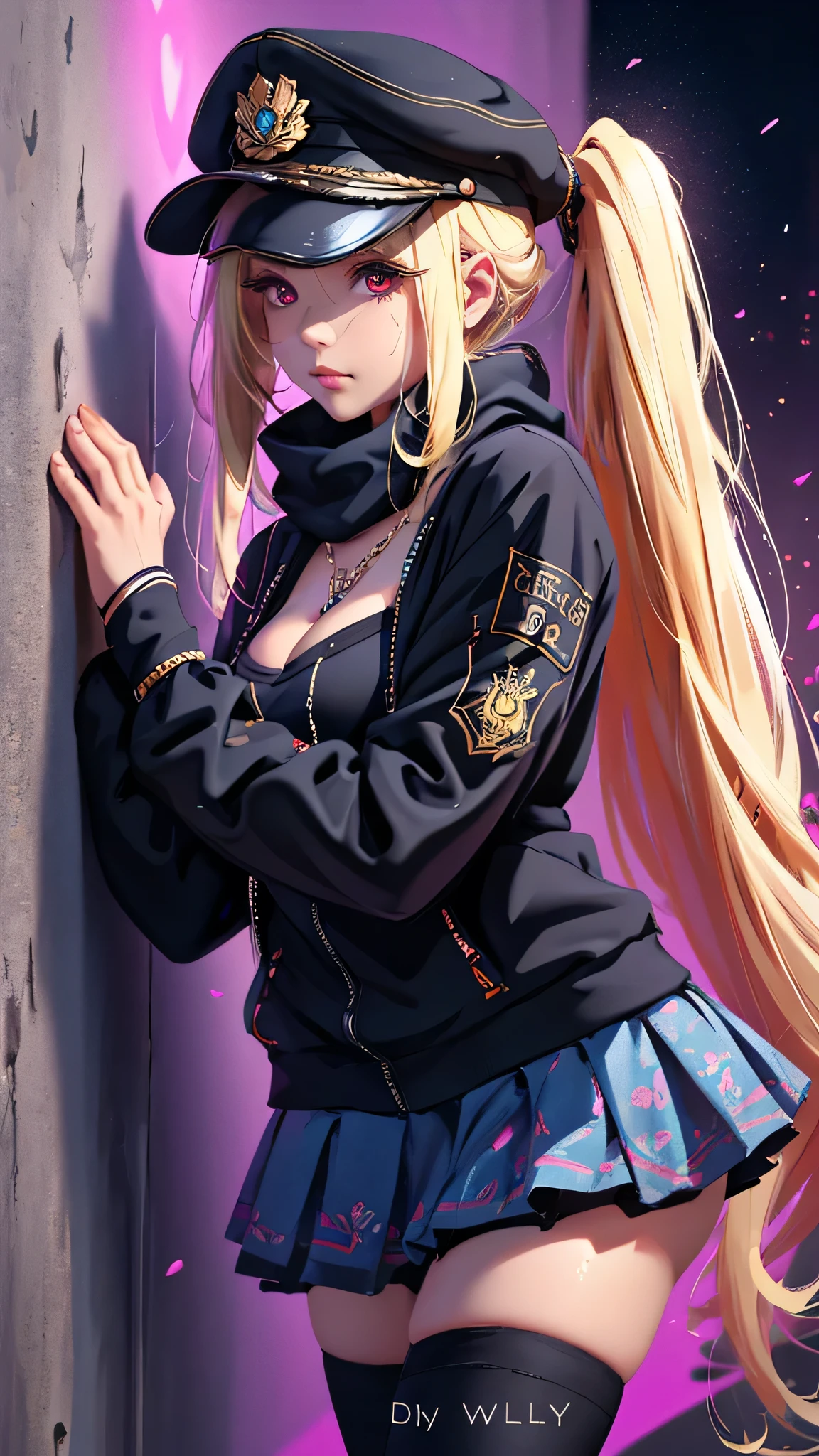 最high quality、Best image quality、masterpiece、girl((18-year-old、 By becoming、Best Bust、Medium Bust,Wide open breast tea、Red glowing eyes,Blonde、Disheveled Hair、Twin tails、thin,The highest valley、Open chest、Luminous Wristbands、hat、hair ornaments、luminous necklace、Black sleeveless hoodie(1:2)、Blue short skirt、Disheveled clothing、Show the whole body,Low - Angle、Hacker-like、sweating、lure、Black cute mask、Leaning against a wall、Black scarf、Holding a penlight、Sad face、Chain Accessories、handcuffs)),high quality、Beautiful art、background((Black Room、Black Wall、Black furniture、Big black TV、Black PC))、Flight、Flying debris、Written boundary depth、movie、Visual Arts、Perfect art、8K,Genuine,