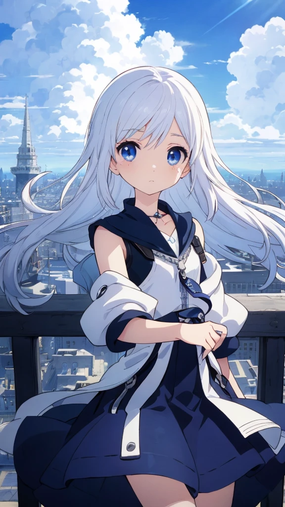 absurderes, hight resolution, (Anime style:1.1), ((masutepiece)), ((Best Quality)), (Ultra-detailed), (Beautiful), solo, Beautiful face、(liftup)、Cute looking at the view from the top of a skyscraper that is closer to the atmosphere,Wind,((Thin White colorful long hair)),, Blue Eyes,Lens Flare,Dramatic,Detailed Ancient City、Skirt fluttering in the wind、Clouds below looking down、(Don't look here:1.4),((Kingdom hearts4)),((Shibuya))1.5,