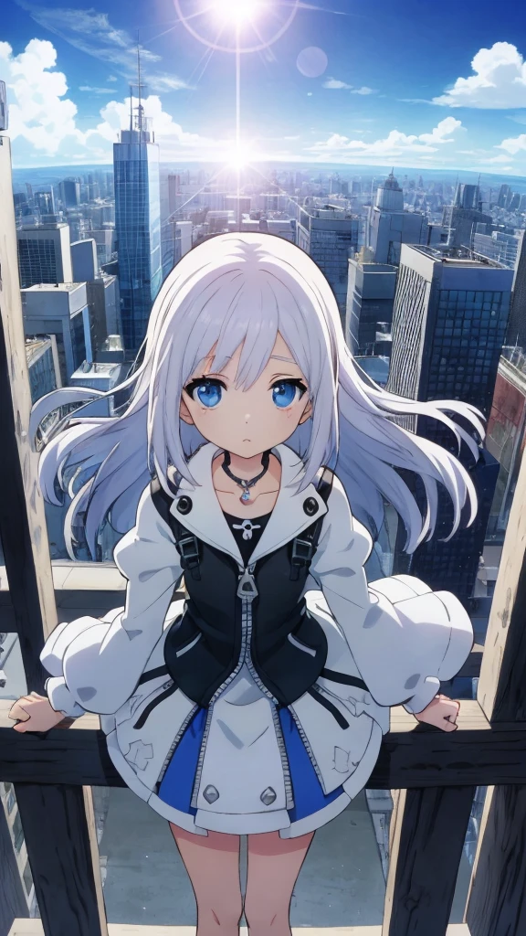 absurderes, hight resolution, (Anime style:1.1), ((masutepiece)), ((Best Quality)), (Ultra-detailed), (Beautiful), solo, Beautiful face、(liftup)、Cute looking at the view from the top of a skyscraper that is closer to the atmosphere,Wind,((Thin White colorful long hair)),, Blue Eyes,Lens Flare,Dramatic,Detailed Ancient City、Skirt fluttering in the wind、Clouds below looking down、(Don't look here:1.4),((Kingdom hearts4)),((Shibuya))1.5,