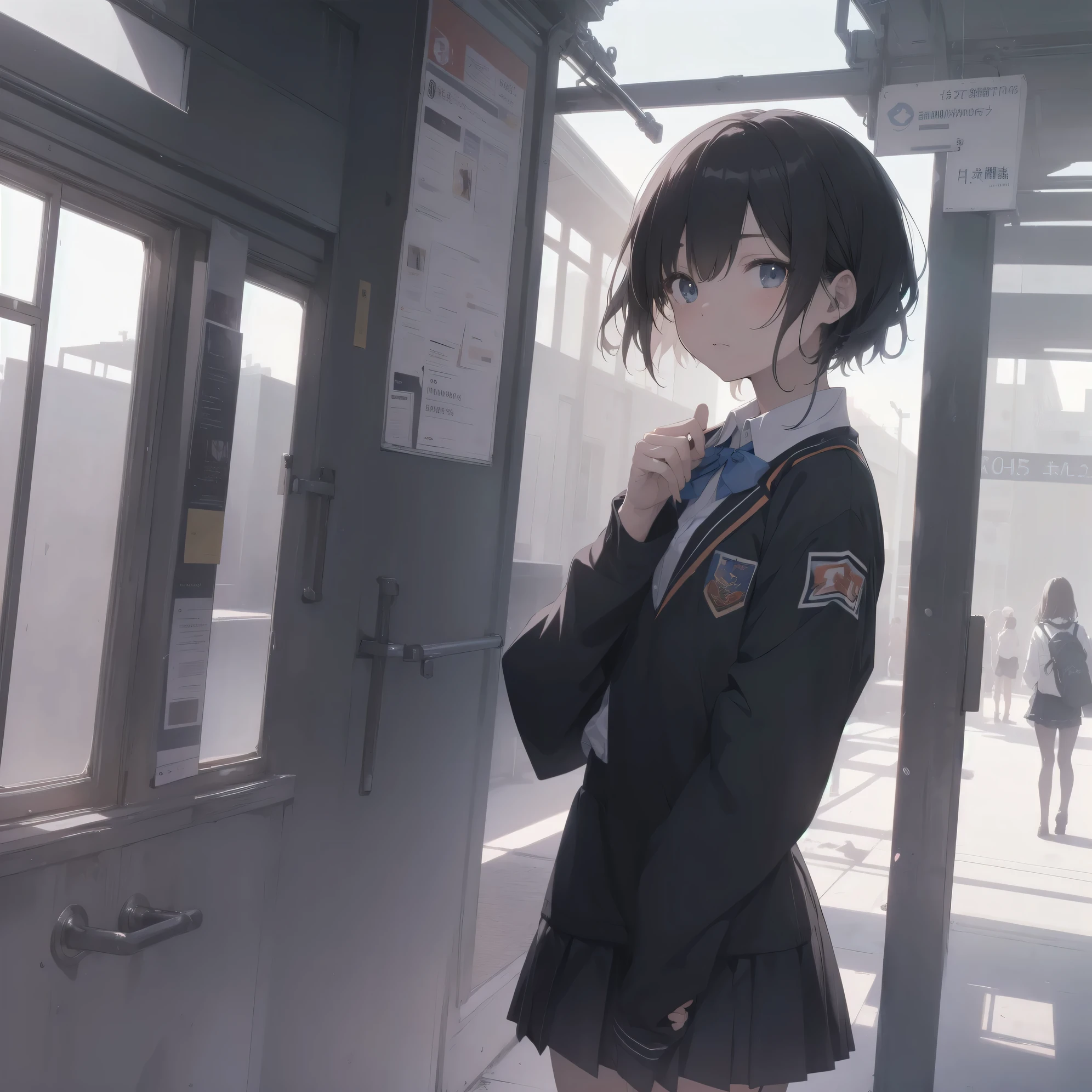 ultra-absurdres-Top quality by artist God, ultra-detailed, high resolution, anime moe artstyle, best anime 8k konachan wallpaper, pixiv contest winner, pool:2810, perfect anatomy,break, 1girl, (Please draw a girl walking sleepily to school alone. )break,(Solo,little female, 13-year-old:1.3),Full limbs, complete fingers,a junior high school student,  (very short hair), short cut, flat chest, , small butt, small black eyes, beautiful detailed eyes, well-proportioned iris and pupils, expressive eyes, highres detailed hair, soft expression, school_uniform, bowtie, collared shirt.  pleated skirt,(Detailed Lighting), (Detailed background), in the School commute route. break,super detailed skin, Best cinematic lighting powered by famous artist, 8k,beauty illustration,photoshop_(medium),very aesthetic,break,((artist:dd (ijigendd) )), artist:bolze ,artist:oyari ashito ,artist:kantoku ,