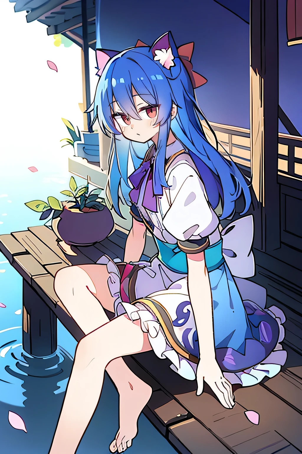 (masterpiece:1.2),ultra-detailed,realistic,expressive eyes,fair-skinned,perfectly shaped face,1girl,
Japanese cartoons,Gorgeous blue hair, flowing blue hair,floating clothes,cat ears,petals falling,beautiful Lola,Hina Angel,
hands on waist,gracefully sitting on the ground,legs crossed,gentle and serene background,cool and comfortable pavilion,night ,smile.