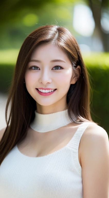 masutepiece, Best Quality, Photorealsitic, finely detail, hight resolution, 8K Wallpapers, Perfect dynamic composition, Beautiful detailed eyes, Medium Hair, large full , Random and  poses,Bring your  together、(Full Open Mock Neck Crop Tank Top White Knitwear、Cleavage looks realistic)、(Breast bulge 1.2)、A smile、open open mouth、Resort scenery、25-years old、(Drooping eyes 1.4)、Adult beauty、japanes