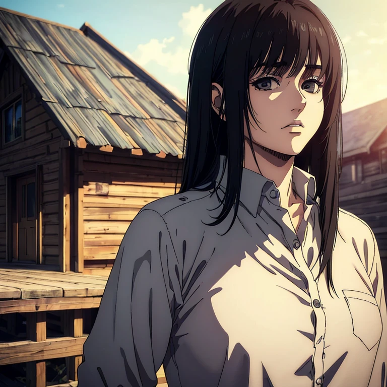 best quality, highres, masterpiece:1.2), ultra-detailed, (realistic, photorealistic, photo-realistic:1.37), female character, very young 18 girl, Mappa art style, grayish black eyes, neat styled raven black long straight hair with long swept bangs, behind her a cabin , she is wearing shirt