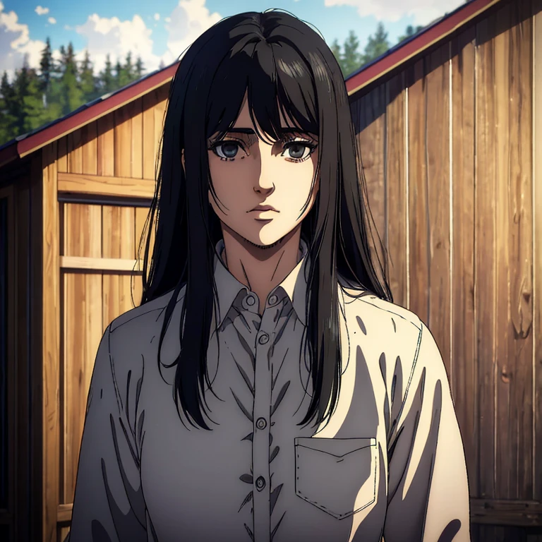 best quality, highres, masterpiece:1.2), ultra-detailed, (realistic, photorealistic, photo-realistic:1.37), female character, very young 18 girl,  Mappa art style, grayish black eyes, neat styled raven black long straight hair with long swept bangs,  behind her a cabin , she is wearing shirt