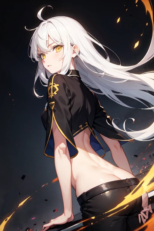 anime boy with bottom half black hair and top half white hair with dark yellow eyes