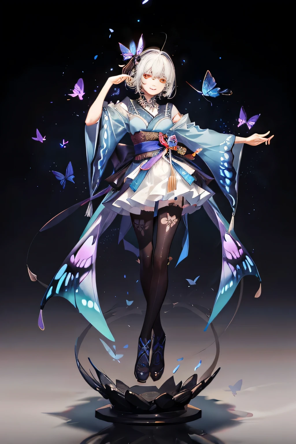 (best quality:1.2),(ultra detailed,highres,HDR,8k,3D,realistic,photorealistic,super fine,effects,official art,detailed background), (very happy smile,young,Japanese,detailed beautiful face), (Happy days),(round face,small face beauty), (dynamic pose:1.3), (head to thighs:1.3), (Delicate design with a butterfly motif: 1.3), (Avant-garde design reminiscent of a butterfly), (Fairy-like image of a butterfly: 1.3), (Design shaped like an insect's exoskeleton) (Incorporate), (Colorful and vivid gradation like a butterfly's wings: 1.3), (Transparent decoration like a butterfly's wings), (Pretty and beautiful atmosphere), (Fantasy)