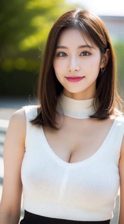 masutepiece, Best Quality, Photorealsitic, finely detail, hight resolution, 8K Wallpapers, Perfect dynamic composition, Beautiful detailed eyes, Medium Hair, large full breasts, Random and sexy poses,Bring your chest together、(Full Open Mock Neck Crop Tank Top White Knitwear、Cleavage looks realistic)、(Breast bulge 1.2)、A smile、open open mouth、Resort scenery、25-years old、(Drooping eyes 1.4)、Adult beauty、japanes