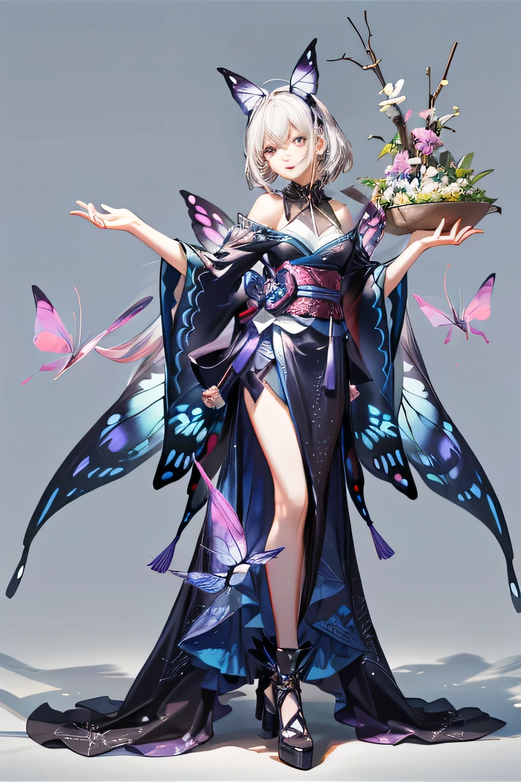 (best quality:1.2),(ultra detailed,highres,HDR,8k,3D,realistic,photorealistic,super fine,effects,official art,detailed background), (very happy smile,young,Japanese,detailed beautiful face), (Happy days),(round face,small face beauty), (dynamic pose:1.3), (head to thighs:1.3), (Delicate design with a butterfly motif: 1.3), (Avant-garde design reminiscent of a butterfly), (Fairy-like image of a butterfly: 1.3), (Design shaped like an insect's exoskeleton) (Incorporate), (Colorful and vivid gradation like a butterfly's wings: 1.3), (Transparent decoration like a butterfly's wings), (Pretty and beautiful atmosphere), (Fantasy)