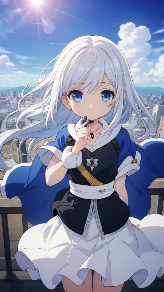 absurderes, hight resolution, (Anime style:1.1), ((masutepiece)), ((Best Quality)), (Ultra-detailed), (Beautiful), solo, Beautiful face、(liftup)、Cute  looking at the view from the top of a skyscraper that is closer to the atmosphere,Wind,((Thin White colorful long hair)),, Blue Eyes,Lens Flare,Dramatic,Detailed Ancient City、Skirt fluttering in the wind、Clouds below looking down、(Don't look here:1.4),((Kingdom hearts4)),((Shibuya))1.5,
