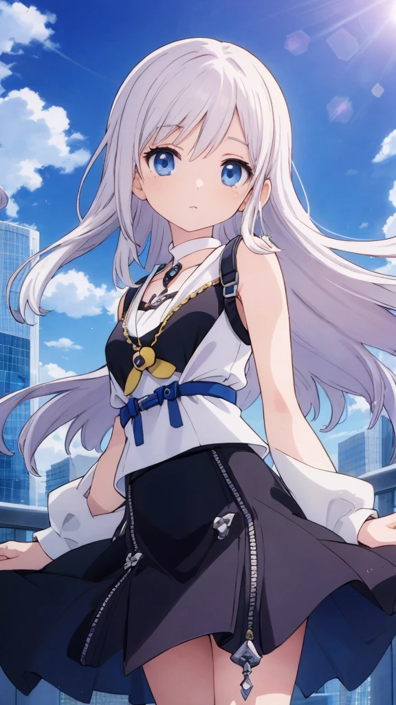absurderes, hight resolution, (Anime style:1.1), ((masutepiece)), ((Best Quality)), (Ultra-detailed), (Beautiful), solo, Beautiful face、(liftup)、Cute looking at the view from the top of a skyscraper that is closer to the atmosphere,Wind,((Thin White colorful long hair)),, Blue Eyes,Lens Flare,Dramatic,Detailed Ancient City、Skirt fluttering in the wind、Clouds below looking down、(Don't look here:1.4),((Kingdom hearts4)),((Shibuya))1.5,