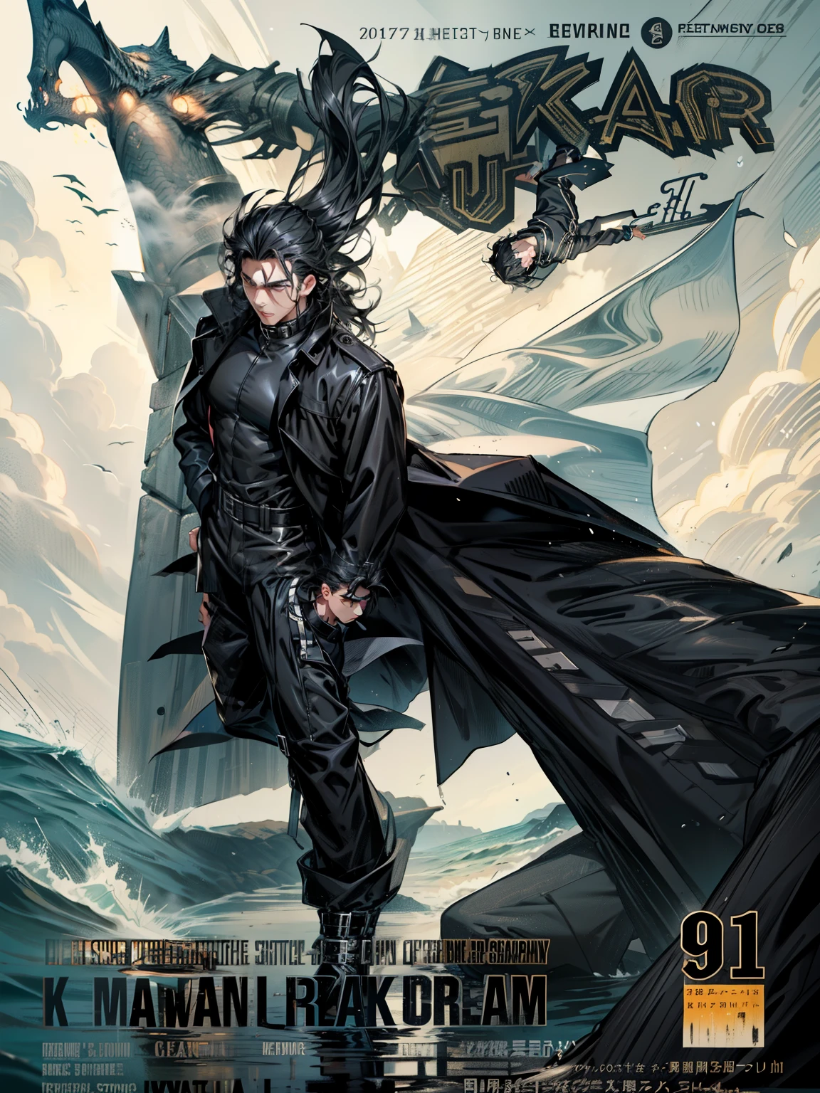 boys 26 Years old, Serious face, black hair, flowing hair, wearing high collar long trench coat, ((black shirt)), black pants, high cut boots, levitate on water, ocean