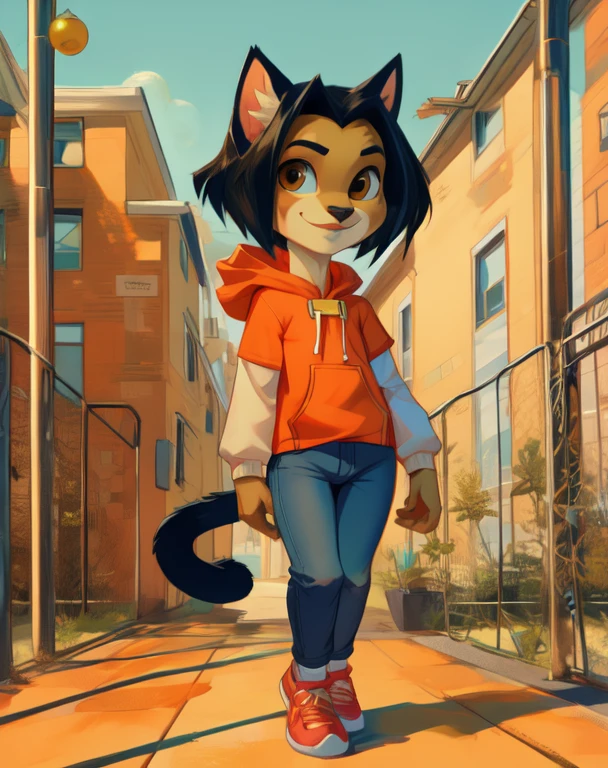 jadechan,short black hair,brown eyes,upper body, skinny, skinny legs, skinny hands, skinny neck, short stature, in school playground, years old girl,flat torso, cute, big head, cat ears, green cat eyes, cats mustache, cat tail,
orange short sleeved hoodie,white long sleeves,hood down,sneakers,blue pants,or jeans,hands in pockets, 1girl, solo, smiling, full body view,
