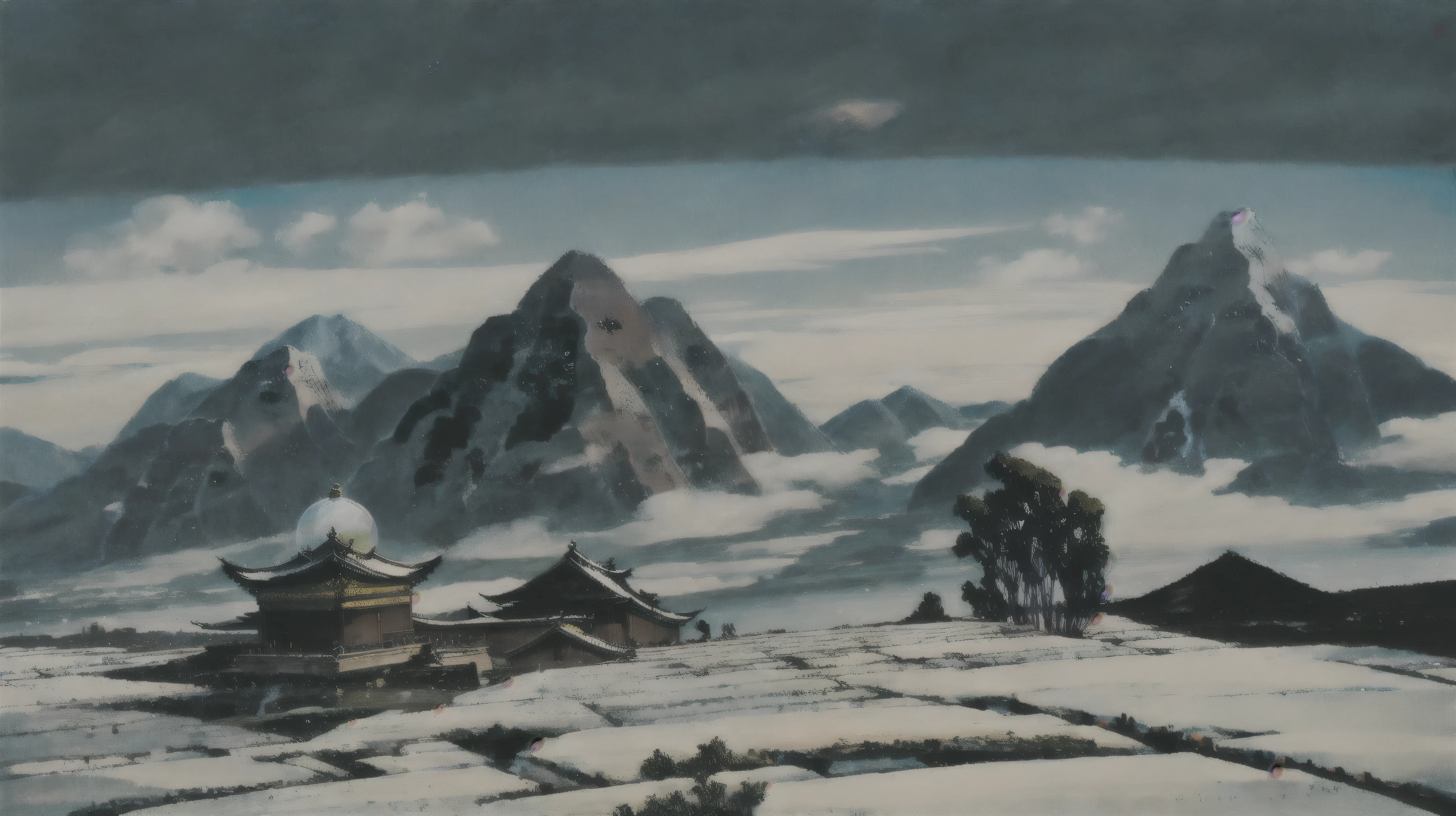distance、wide、Mountains、Clear skies、abstract、Poetry History、bonfire、、temple、Ethereal、refraction、Chinese style、Fantastic、Sense of space、Depth of Field、deep mountain、Eternity、、Magnificent