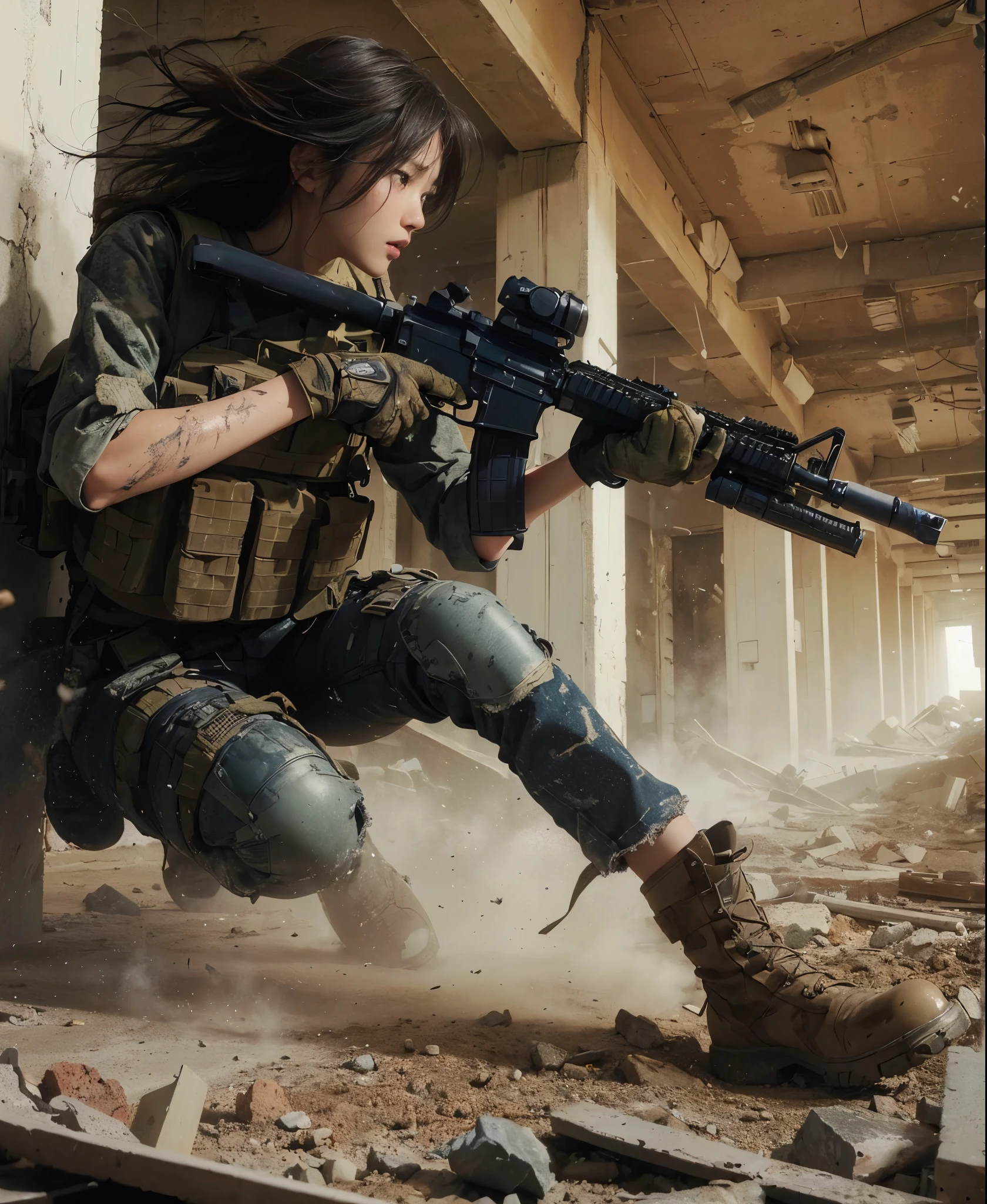 (highest quality, 8k, Realistic photos:1.2), Realistic skin texture, Beautiful Japanese women serving in the US military, In a rubble-strewn building, get attacked, Resist and try to escape, Collapsing Wall, Assault rifle, Bulletproof vest, Backpack, boots, Covered in scars, A look of determination, Dynamic pose, Innovative Configuration, Dust in the air