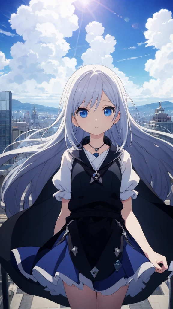 absurderes, hight resolution, (Anime style:1.1), ((masutepiece)), ((Best Quality)), (Ultra-detailed), (Beautiful), solo, Beautiful face、(liftup)、Cute looking at the view from the top of a skyscraper that is closer to the atmosphere,Wind,((Thin White colorful long hair)),, Blue Eyes,Lens Flare,Dramatic,Detailed Ancient City、Skirt fluttering in the wind、Clouds below looking down、(Don't look here:1.4),((Kingdom hearts4)),((Shibuya))1.5,