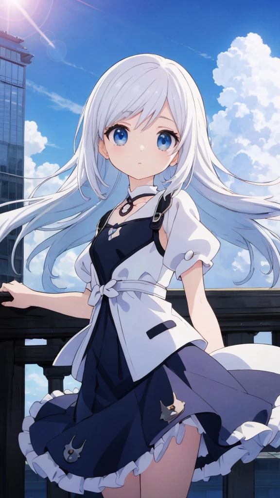 absurderes, hight resolution, (Anime style:1.1), ((masutepiece)), ((Best Quality)), (Ultra-detailed), (Beautiful), solo, Beautiful face、(liftup)、Cute looking at the view from the top of a skyscraper that is closer to the atmosphere,Wind,((Thin White colorful long hair)),, Blue Eyes,Lens Flare,Dramatic,Detailed Ancient City、Skirt fluttering in the wind、Clouds below looking down、(Don't look here:1.4),((Kingdom hearts4)),((Shibuya))1.5,