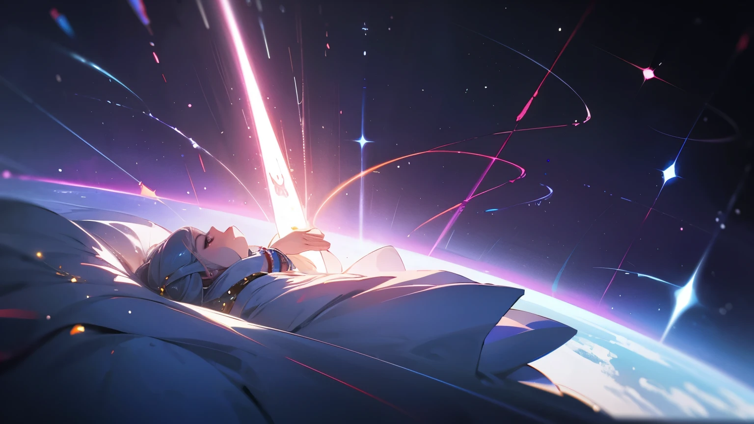 receiving therapy from the Universe with the universal source connection, rodeada de luces que vienen desde el espacio a la tierra en forma de ideas y sabiduria