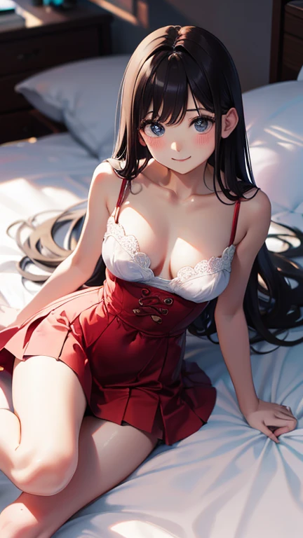 masterpiece, highest quality, One Girl, View your audience, Small waist, RAWphotograph、Accurate fingertips、 Ultra-realistic, High resolution, photograph, Sharp focus, Most detailed, Very detailed, Very detailed, In detail, Very detailed目と顔,Very detailed手と指、Idol、Thighs, beautiful girl,View your audience, Small waist,Symmetrical face, whole body、Skin-tight clothing、Sleeveless、Red flared skirt、Micro Mini Skirt、White lace knee socks、Cleavage、Large Breasts、Beautiful clavicle、Long Hair、Beautiful belly button、Shyness、Happy expression、Lie down with your legs spread、Lying on your back、