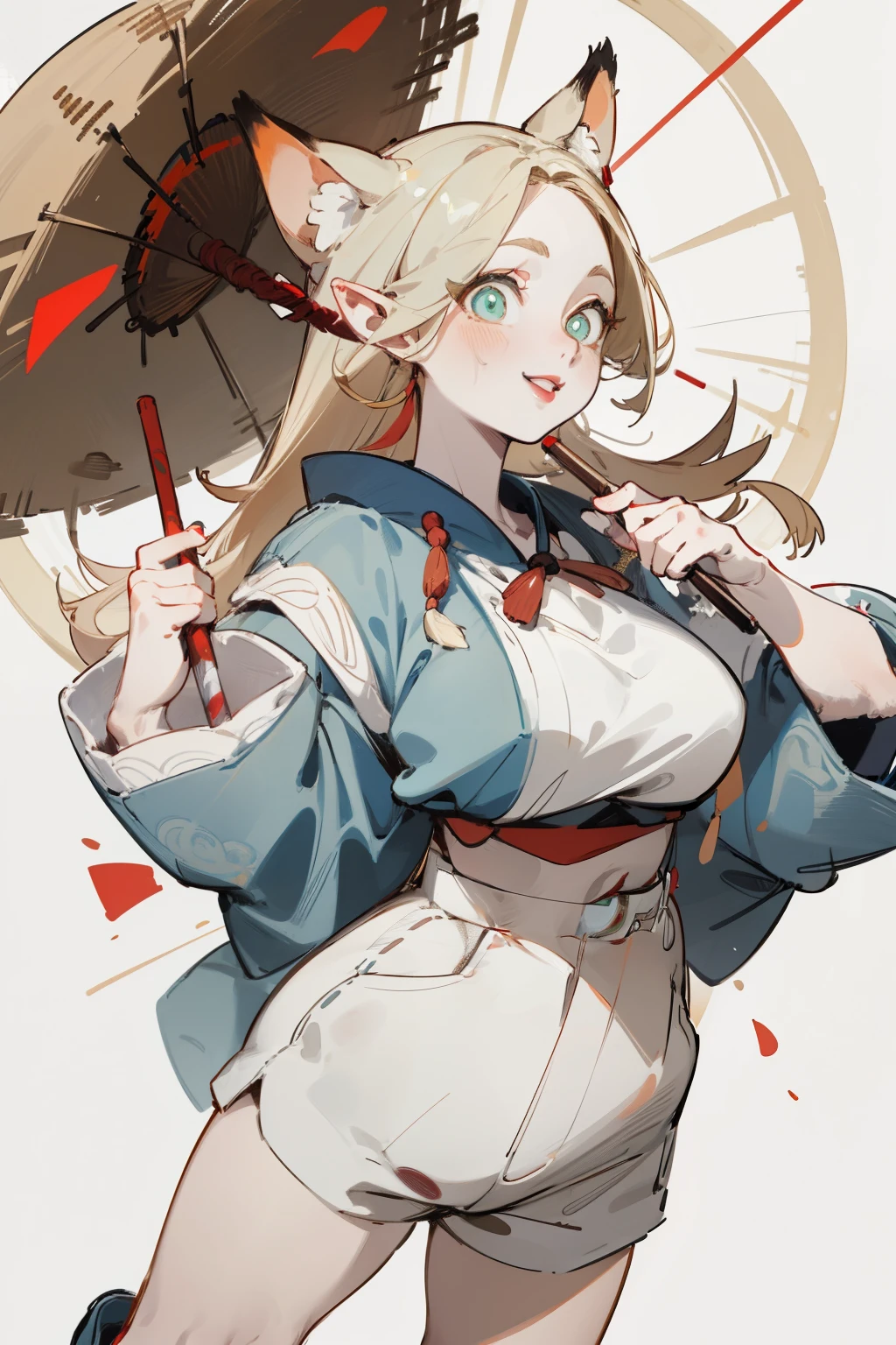 Upper body standing painting, White skin, (Fox ears), Exquisite eyes,Red Eyeshadow, Red lips，White shorts,Fake laugh, Ukiyo-e, masterpiece, high quality, at the lowest limit, Tiny,White boots，Huge breasts，Wearing a straw hat
