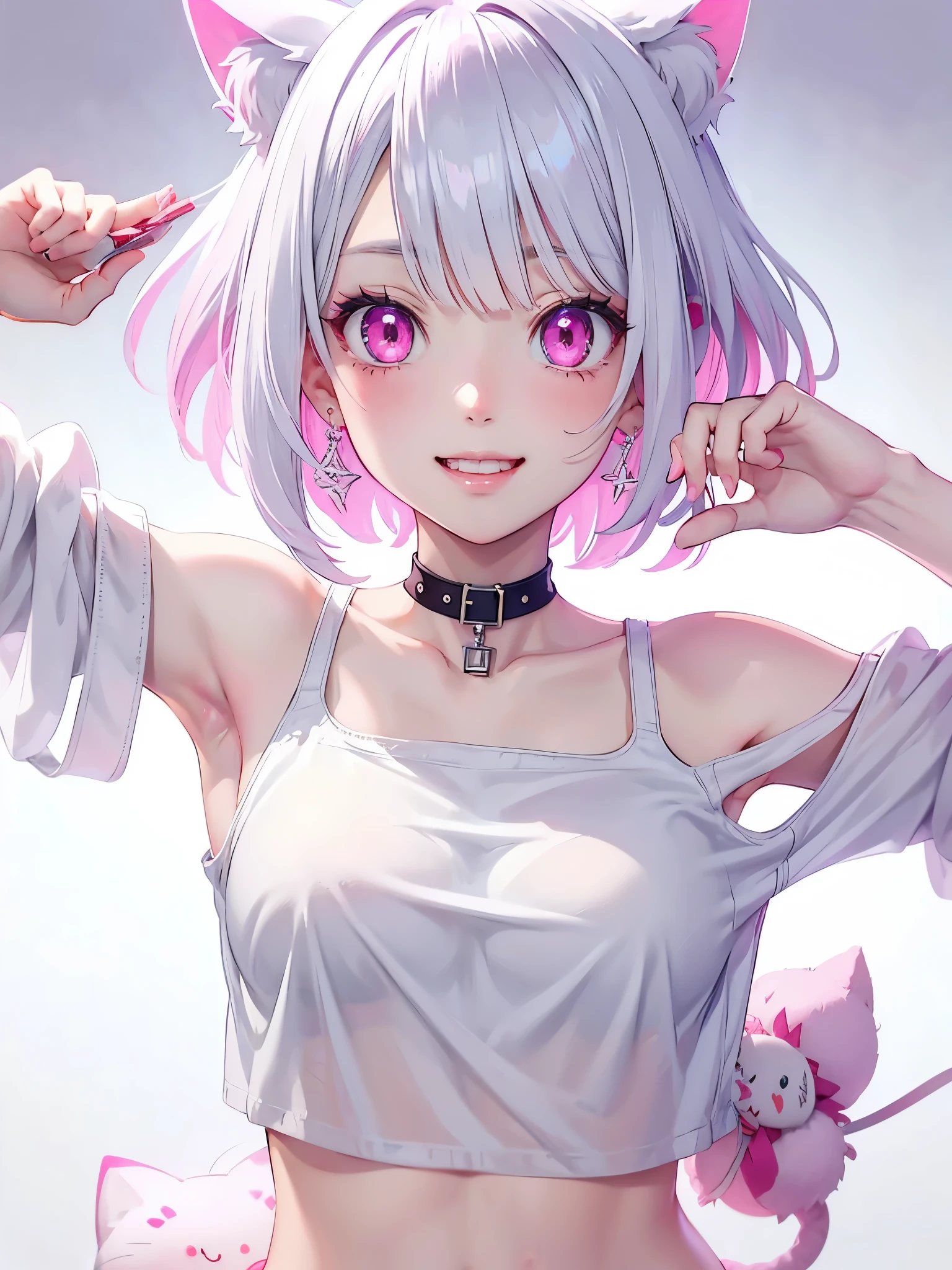 White hair. Short hair. Inner pink hair. Anime girl. Pink eyes. Glowing eyes. Nekomimi. Smiling. T-shirt. Armpit.