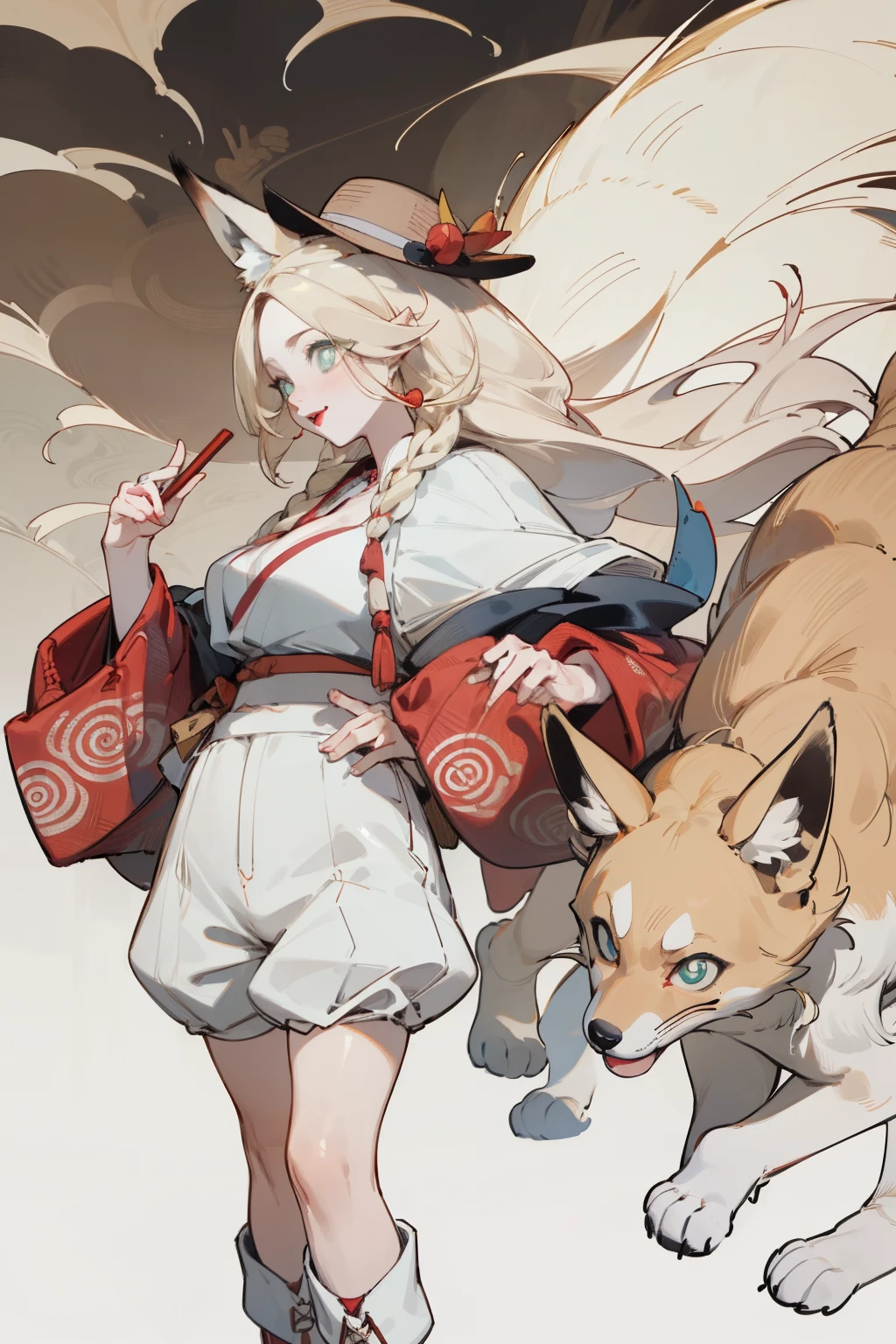 Upper body standing painting, White skin, (Fox ears), Exquisite eyes,Red Eyeshadow, Red lips，White shorts,Fake laugh, Ukiyo-e, masterpiece, high quality, at the lowest limit, Tiny,White boots，Huge breasts，Wearing a straw hat