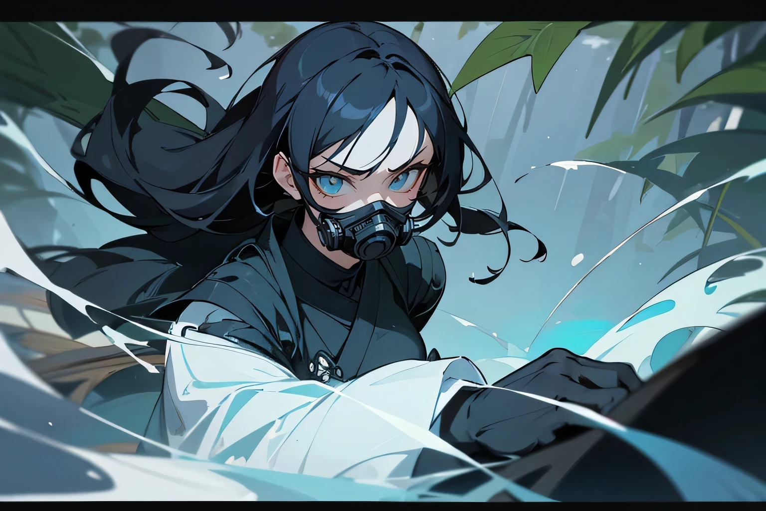 Create a striking illustration of a modern kunoichi with wide black hair and contemporary Japanese attire, donning a gas mask, reminiscent of the breathing techniques seen in Demon Slayer. Picture her with flowing black hair adorned with elegant ornaments, framing her face in a striking silhouette. Show her attire as a fusion of traditional and modern Japanese fashion, blending sleek lines and bold patterns with a nod to ninja aesthetics. Emphasize the gas mask covering her mouth, adding an air of mystery and intrigue to her appearance. Incorporate the water breathing technique from Demon Slayer, with wisps of ethereal blue indicating her mastery of this unique skill. Capture the essence of her character as she exudes confidence and strength, ready to face any challenge that comes her way. Let the scene convey a sense of modernity and sophistication, drawing viewers into the dynamic world of this contemporary kunoichi and her enigmatic abilities. In the background, depict a lush forest with towering trees and vibrant foliage surrounding a tranquil lake, its waters reflecting the enchanting beauty of the surroundings. Incorporate hints of magic and mystique into the scene, with ethereal glows and shimmering lights dancing amidst the trees. Dense florest, tropical florest