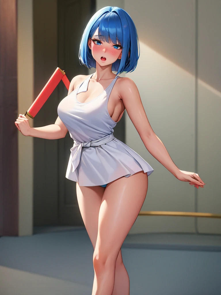 full body,masterpiece, high details, high quality, best quality, anatomically correct, masterpiece, textured skin, super detail,ultra-detailed, best quality, extremely detailed, 8k, high res, realistic, 1girl, 18yo, beautiful girl, (half closed eyes),(narrowed eyes:1.2),(open mouth), (blush:1.2),BREAK,(white tanktop:1.4),blue beautiful eyes, medium bob hair, (asymmetrical parted bangs), (dark blue beautiful hair),BREAK,( Support your chest with your hands:1.5),(voluptuous bust:1.3),(Gaunt , thin waist:1.3),looking at viewer,white background,