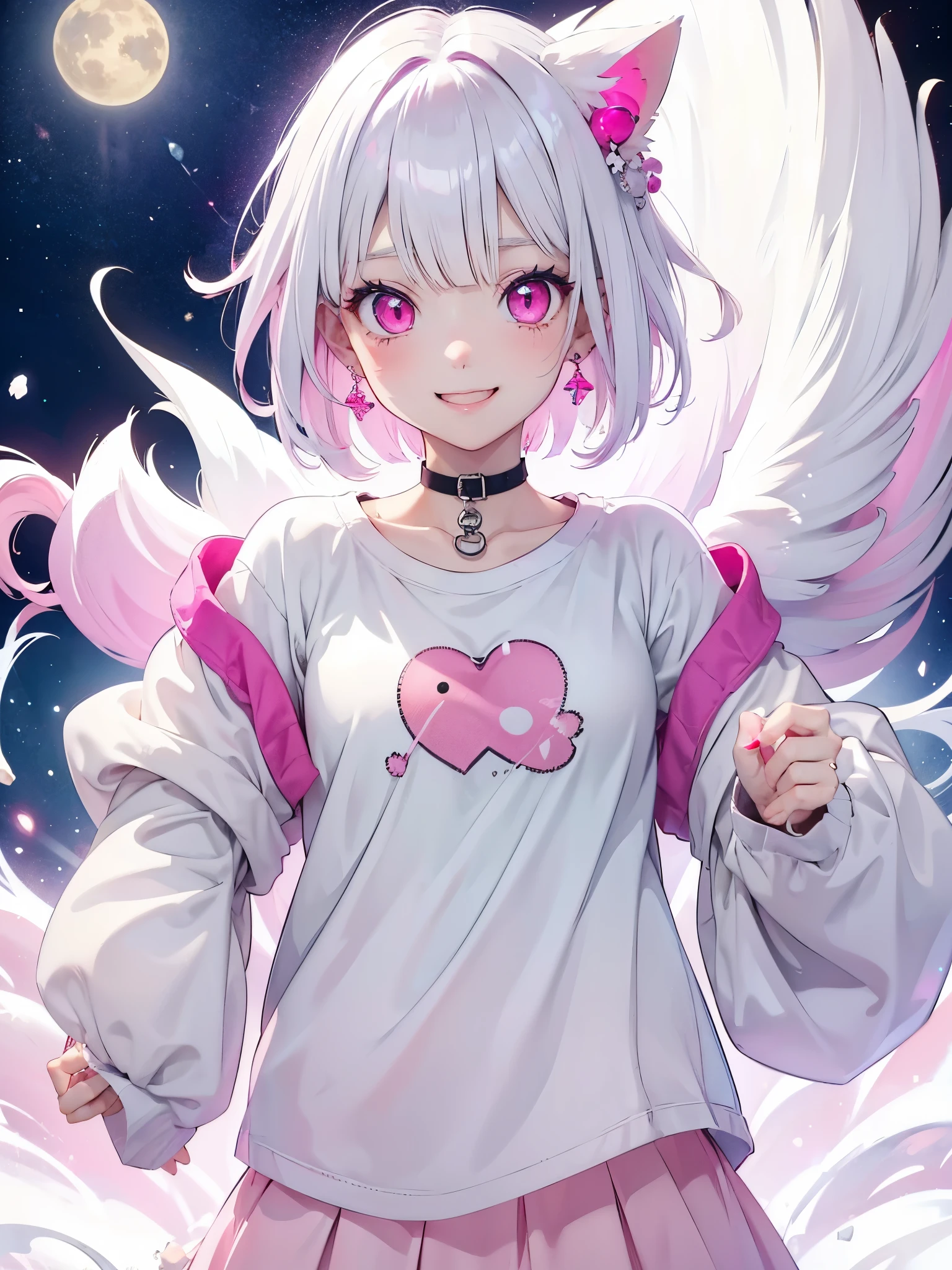 White hair. Short hair. Inner pink hair. Anime girl. Pink eyes. Glowing eyes. Nekomimi. Smiling. T-shirt.