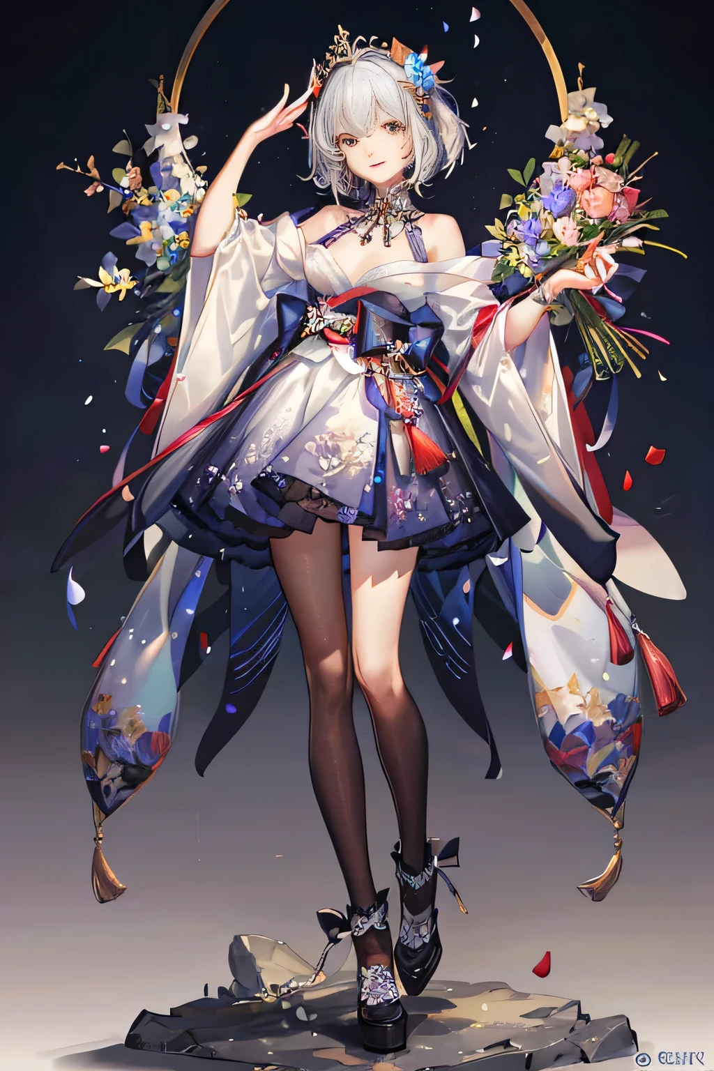 (best quality:1.2),(ultra detailed,highres,HDR,8k,3D,realistic,photorealistic,super fine,effects,official art,detailed background), (very happy smile,young,Japanese,detailed beautiful face), (Happy days),(round face,small face beauty), (dynamic pose:1.3), (head to thighs:1.3), (Gorgeous dress with a three-dimensional flower design attached to the body: 1.3), (Dress with a delicate design with a flower motif: 1.3), (Clothes with an avant-garde design reminiscent of flowers: 1.3 ), (Fairy-like image of flowers: 1.3), (Incorporating the attractive shapes of flowers into clothing design), (Vivid gradations like the colorful petals of flowers: 1.3), (A wide variety of flowers decoration), (flower headdress), (many kinds of flowers: 1.3)