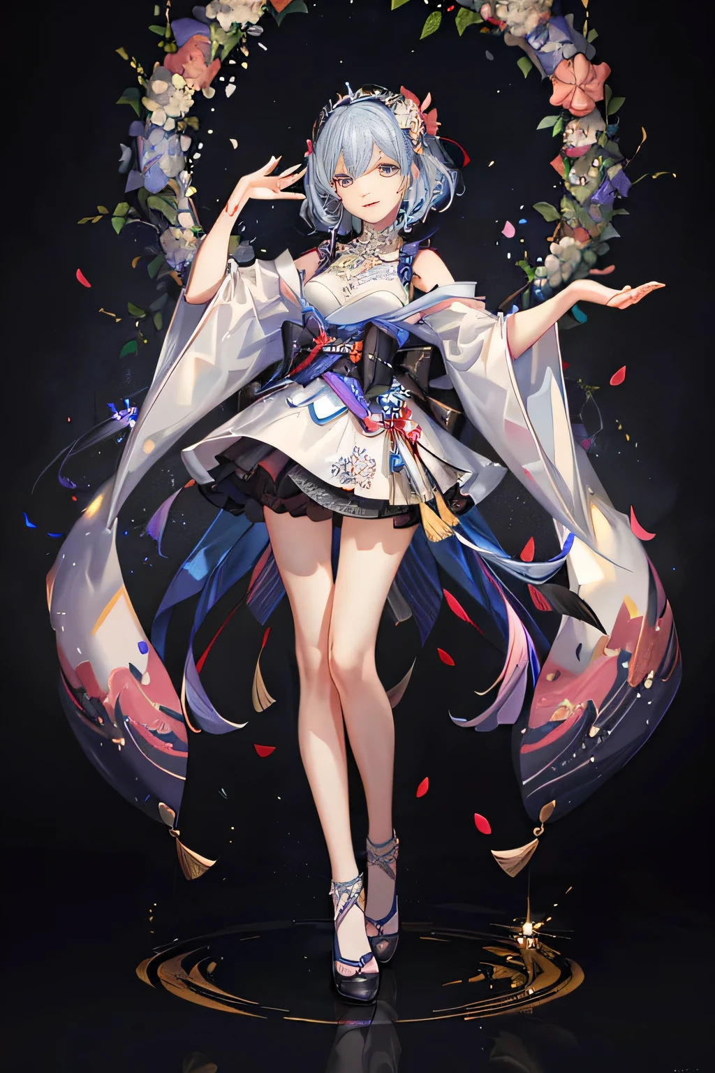 (best quality:1.2),(ultra detailed,highres,HDR,8k,3D,realistic,photorealistic,super fine,effects,official art,detailed background), (very happy smile,young,Japanese,detailed beautiful face), (Happy days),(round face,small face beauty), (dynamic pose:1.3), (head to thighs:1.3), (Gorgeous dress with a three-dimensional flower design attached to the body: 1.3), (Dress with a delicate design with a flower motif: 1.3), (Clothes with an avant-garde design reminiscent of flowers: 1.3 ), (Fairy-like image of flowers: 1.3), (Incorporating the attractive shapes of flowers into clothing design), (Vivid gradations like the colorful petals of flowers: 1.3), (A wide variety of flowers decoration), (flower headdress), (many kinds of flowers: 1.3)