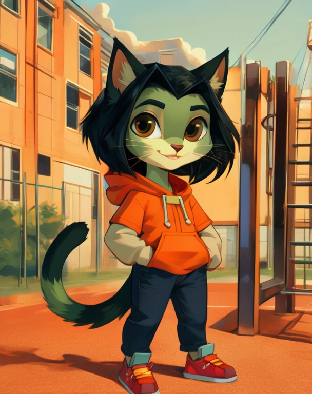 jadechan,short black hair,brown eyes,upper body, skinny, skinny legs, skinny hands, skinny neck, short stature, in school playground, girl,flat torso, cute, big head, cat ears, green cat eyes, cat whiskers, cat tail, cat face
orange short sleeved hoodie,white long sleeves,hood down,sneakers,blue pants,or jeans,hands in pockets, 1girl, solo, smiling, full body view,
