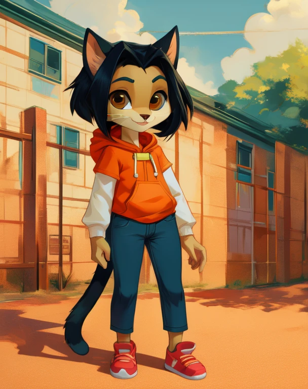 jadechan,short black hair,brown eyes,upper body, skinny, skinny legs, skinny hands, skinny neck, short stature, in school playground, years old girl,flat torso, cute, big head, cat ears, green cat eyes, cat whiskers, cat tail, cat face
orange short sleeved hoodie,white long sleeves,hood down,sneakers,blue pants,or jeans,hands in pockets, 1girl, solo, smiling, full body view,