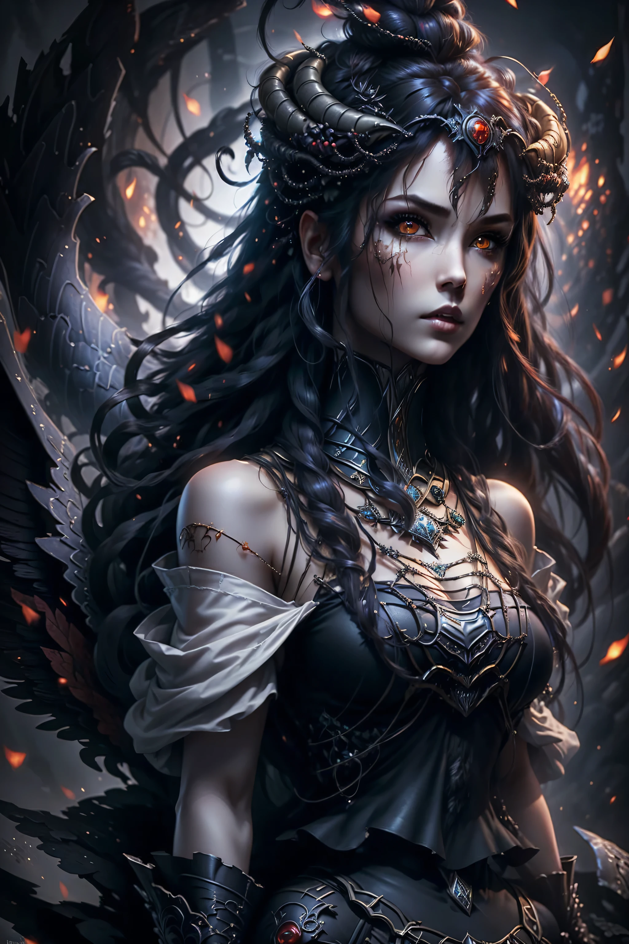 Full body portrait, masterpiece，best qualtiy，detailedbackground，intricately details），dark castle，1girl，The demons，red hair，黑The eye，Pupil of the slit，curled horns，wings，fang，Black armor，bone，the night，Red Moon