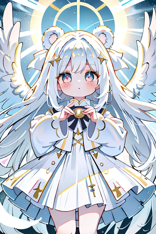 One Girl、Long white hair、White eyes、Jewel-like eyes、White Dress、Fluffy sleeves、Cute ribbon、Angel Wings、Big white feather、Angel Halo、Beautiful poop、Hello、Dappled Light、Wind、Heavenly gate、Chibi Bear、Chibi Ghost、(Top quality masterpiece:1.2), ((Best quality high resolution)), [[Bad face]], [[Healed finger]], [[multiple limbs]]