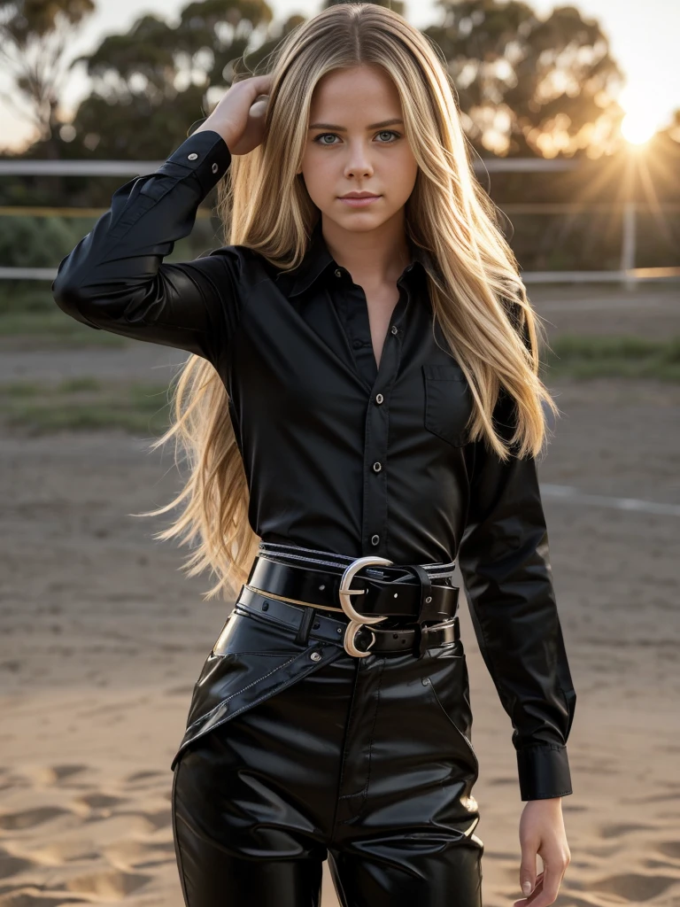  Foreground: young model Avril Lavigne with long straight blonde hair flowing in the wind. she is a model for a men's magazine, she has a subtle smile and flirts with the camera (she is wearing a casual black button-up shirt and latex pants with a large belt: 1.2), in the background the landscape of an Australian suburb, small houses (in the light of the setting sun :1.2), perfect eyes, perfect hands, perfect body, perfect hair, very small breasts, hair behind the ear, UHD, volleyball, masterpiece, accurate, anatomically correct teenager, textured skin, super detail, high detail, high quality, award-winning, best quality, high resolution, 16k, 8k,