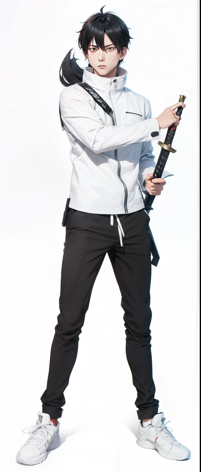 Yuta Okkotsu Character from Anime Jujutsu Kaisen, Realistic Anime style, Detailed body, Handsome boy, face, black hair, gray eyes, Holding sword, Background Jujutsu High School
