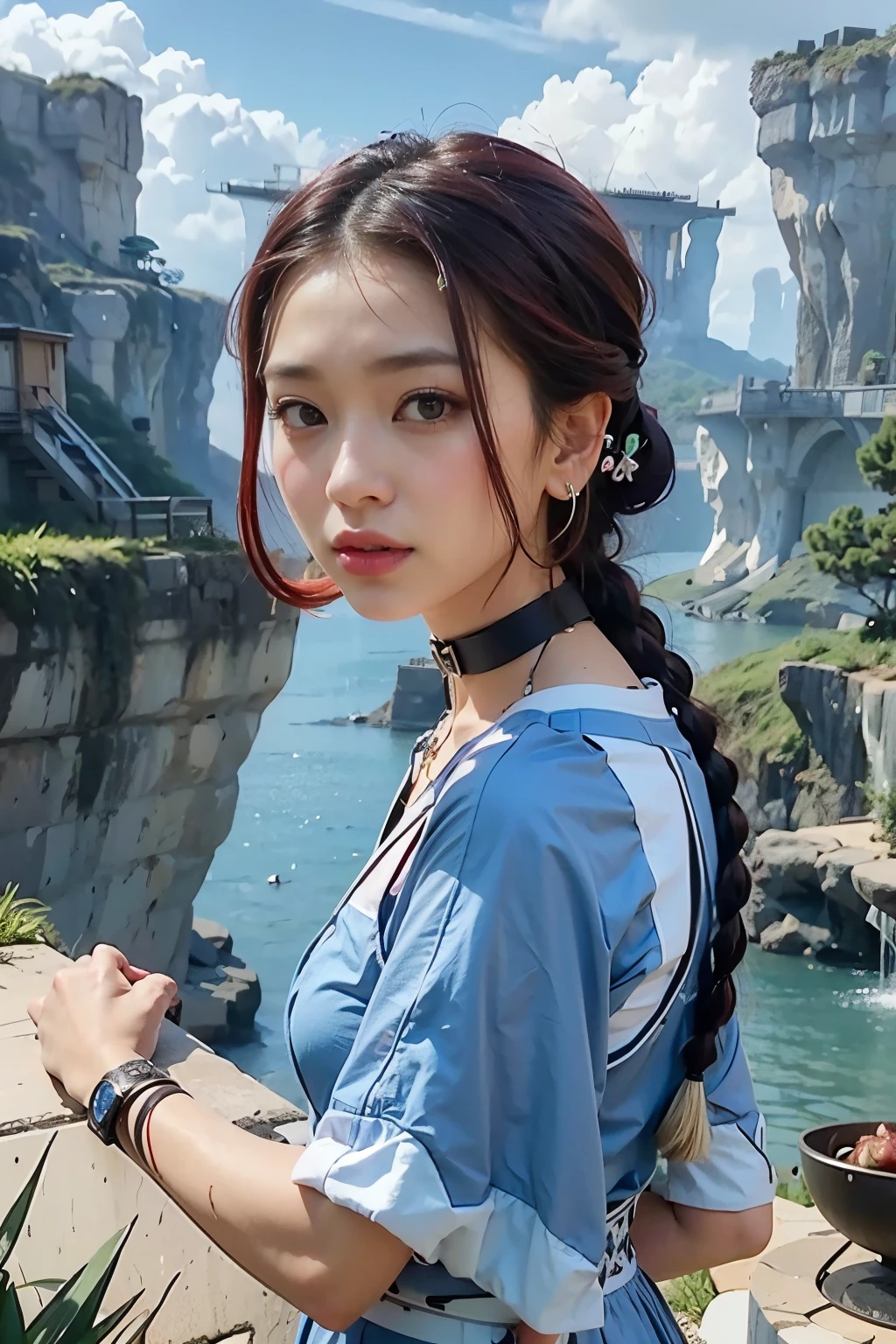 Japanese women、 Neon red hair, Moonlight Eyes, Fox Ears, Tattoo sleeves and piercings、 Harajuku-style hip hop fashion, Cinematic lighting, Harajuku as background, 